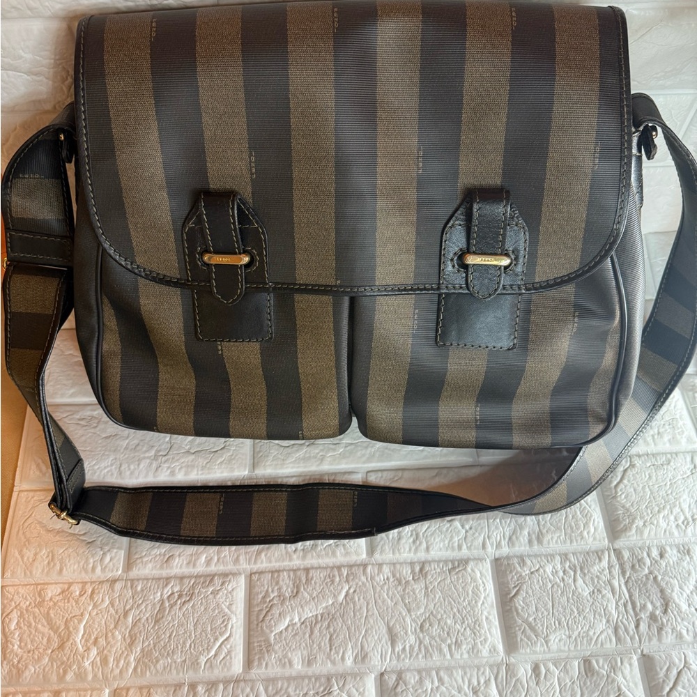 Fendi Black and Brown Messenger Bag with Adjustable Strap and Durable Fabric